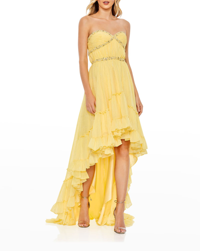 Shop Mac Duggal Strapless Hi-low Chiffon Gown In Lemon