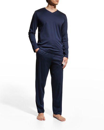 Shop Hanro Men's Night Selection Long Cotton Pajama Set In Deep Navy