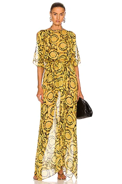 Shop Versace Barocco Long Dress In Nero & Oro