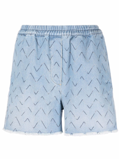 Shop Missoni Zigzag-embroidered Denim Shorts In Blue
