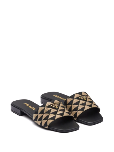 Prada Geometric Pattern Fabric Slippers With Flat Sole In Schwarz