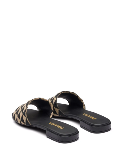 Prada Geometric Pattern Fabric Slippers With Flat Sole In Schwarz