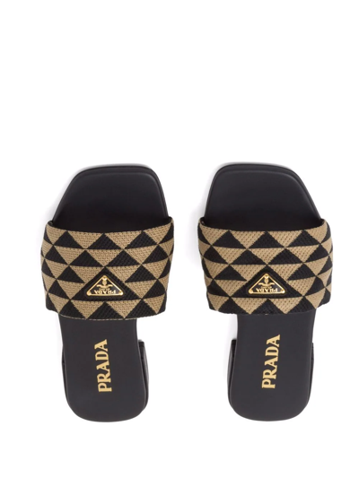 Prada Geometric Pattern Fabric Slippers With Flat Sole In Schwarz