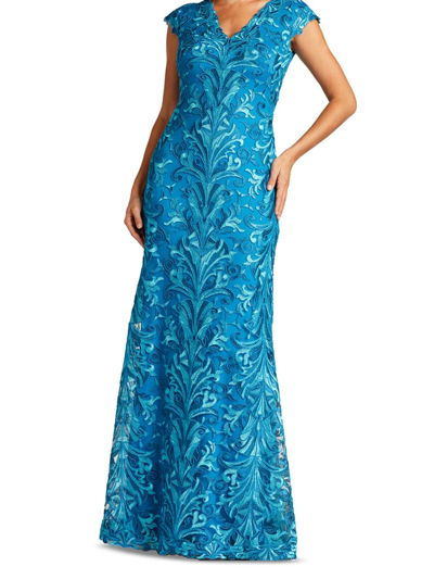 Shop Tadashi Shoji Women's Lace Embroidered Gown In Ocean Blue