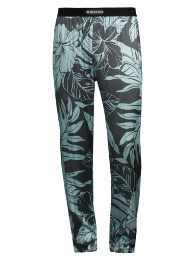 Shop Tom Ford Men's Logo Silk Pajama Pants In Aqua Dark Green