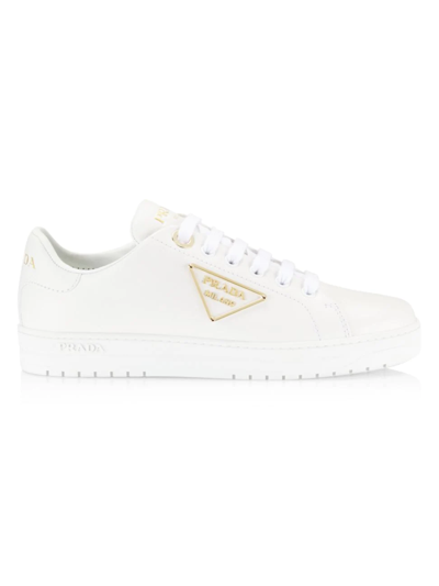 Shop Prada Women's Gold Logo Leather Low-top Sneakers In White
