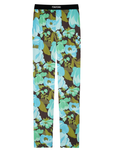 Shop Tom Ford Men's Abstract Floral Silk Pajama Pants In Jewel Blue