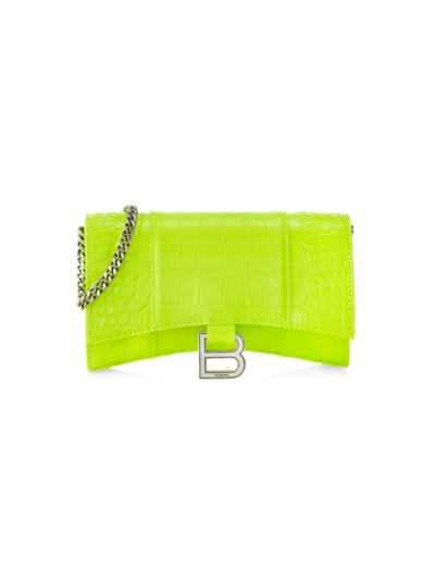 Shop Balenciaga Hourglass Croc-embossed Leather Wallet-on-chain In Fluo Yellow
