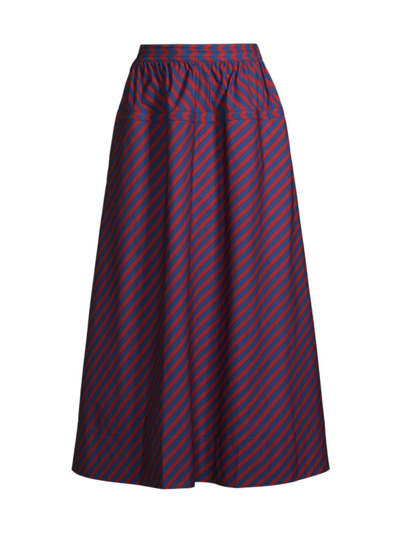 Shop Tory Burch Striped Cotton Midi-skirt In Navy Burgundy