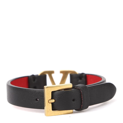 Shop Valentino Vlogo Leather Bracelet With Brass Logo In Black