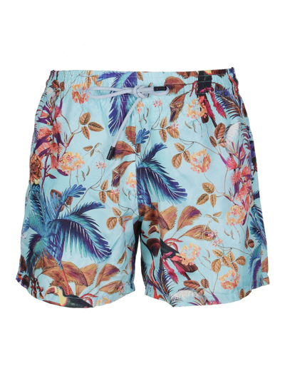 Shop Etro Floral Printed Logo Patch Swim Shorts In Azzurro Multicolor