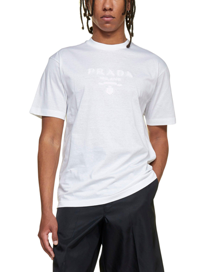 Shop Prada Logo Flocked Crewneck T-shirt In White