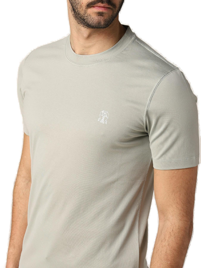 Shop Brunello Cucinelli Logo Detailed Crewneck T-shirt In Aloe+off White