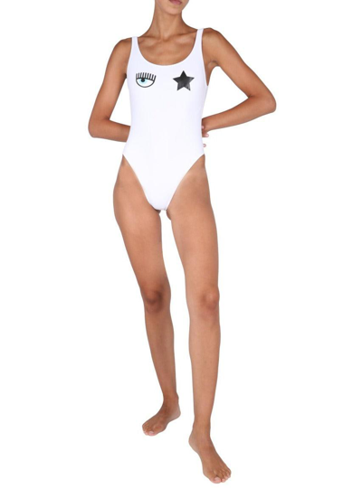 Shop Chiara Ferragni Logo Printed One-piece Swimsuit In Bianco