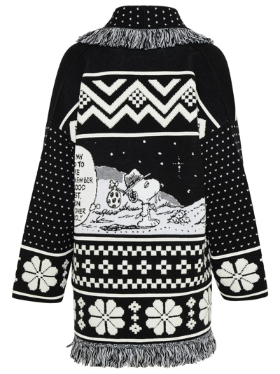 Shop Alanui Two-tone Wool Blend Snoopy And The Moon Cardigan In Black