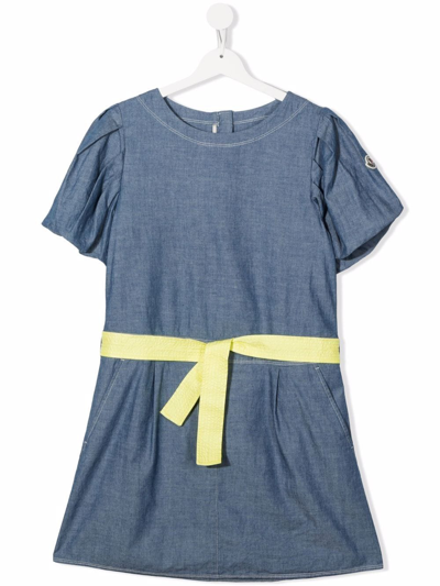 Shop Moncler Teen Tie-waist Chambray Dress In Blue