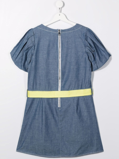 Shop Moncler Teen Tie-waist Chambray Dress In Blue