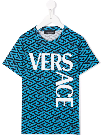 Shop Versace Greca-pattern Logo-print T-shirt In Blue