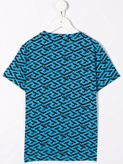 Shop Versace Greca-pattern Logo-print T-shirt In Blue
