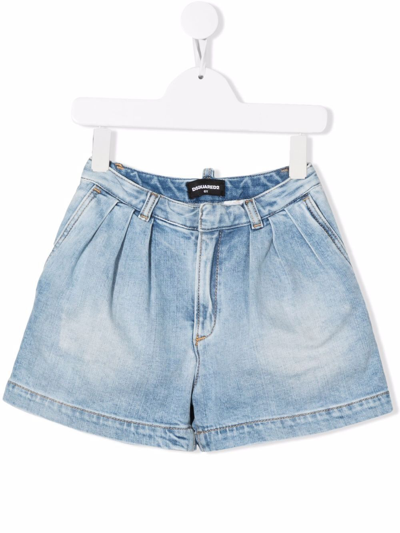 Dsquared2 Kids Light Blue Denim Shorts With Pleats In Blue