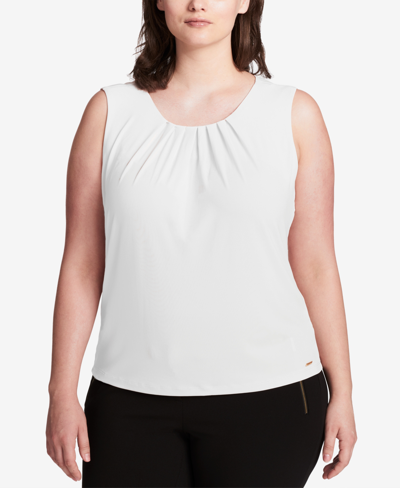 Shop Calvin Klein Plus Size Sleeveless Pleat-neck Top In White