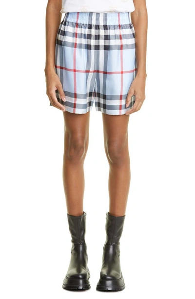 Shop Burberry Tawny Check Print Silk Twill Shorts In Pale Blue Ip Check