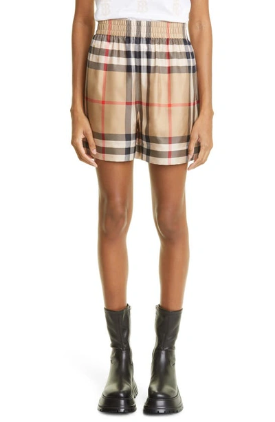 Shop Burberry Tawney Check Silk Shorts In Archive Beige Ip Chk