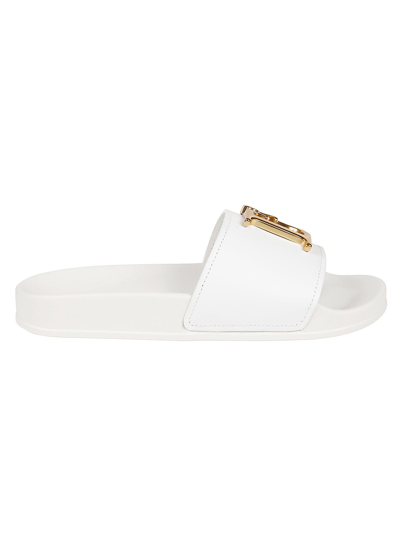 Dsquared2 10mm D2 Statement Leather Slides In Bianco/oro Vintage