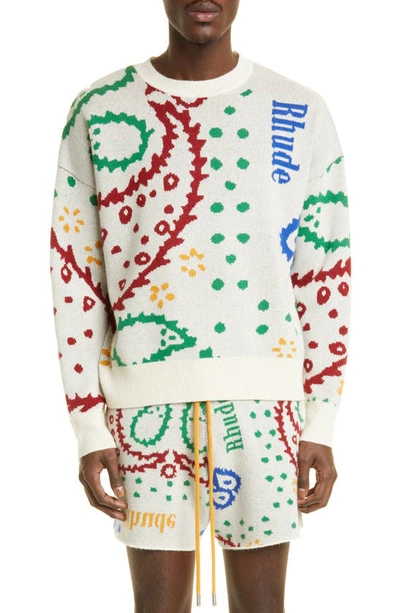 Shop Rhude Paisley Wool & Cashmere Crewneck Sweater In Creme/ Multi