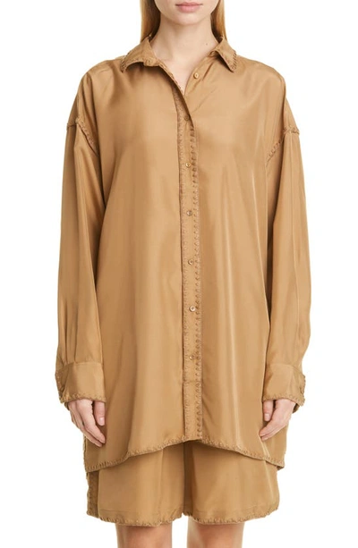 Shop Totême Embroidered Silk Button-up Shirt In Camel