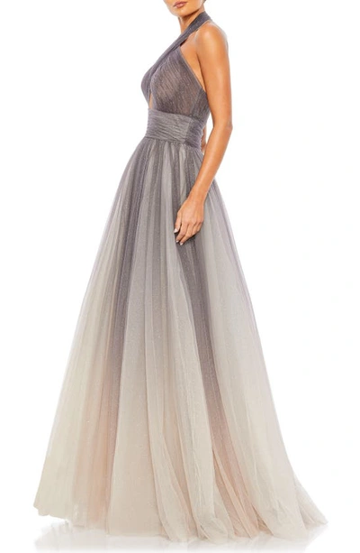 Shop Mac Duggal Glitter Halter Neck Ombré Tulle Gown In Charcoal Ombre