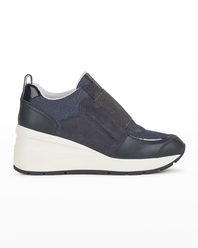 Geox Zosma Metallic Leather Wedge Fashion Sneakers In Blue | ModeSens