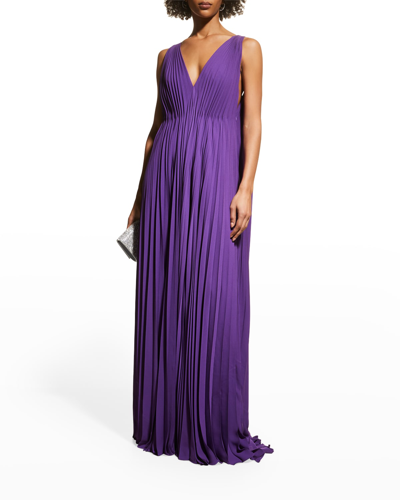 Shop Valentino V-neck Pleated Silk Gown In Violet