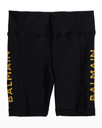 Shop Balmain Girl's Contrast Logo-print Biker Shorts In 930 Black