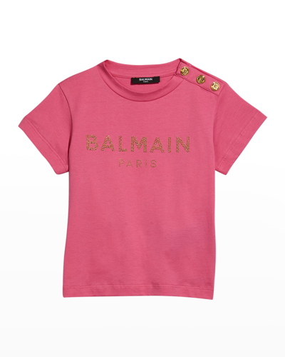 Shop Balmain Girl's Embellished Logo T-shirt In 590 Pink