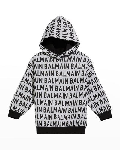 Shop Balmain Boy's Logo-print Hoodie In 110ne Whtblk