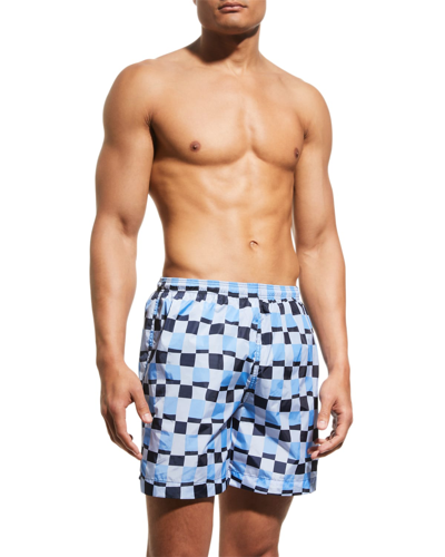 Shop Marni Men's Checkered Swim Shorts In Powder/blu