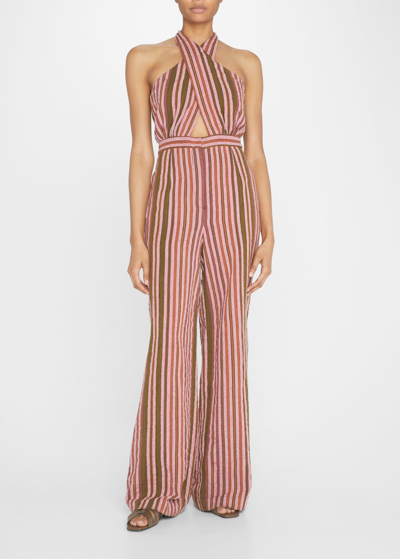 Shop Studio 189 Stripe Halter Wide-leg Jumpsuit In Red And White