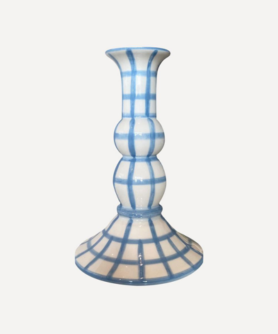 Shop Vaisselle Lumiere Gingham Candle Holder In Blue