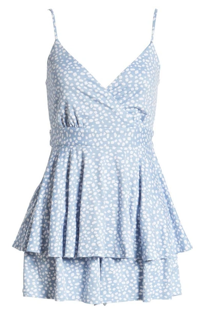 Lnl Love Nickie Lew Double Ruffle Hem Surplice Neck Mini Dress In Chambray