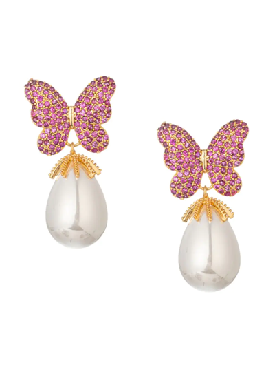 Shop Eye Candy La Women's Luxe Brass, Cubic Zirconia & Glass Pearl Butterfly Drop Earrings