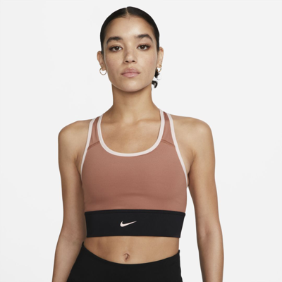 Shop Nike Women's Swoosh Medium-support 1-piece Padded Longline Sports Bra In Brown