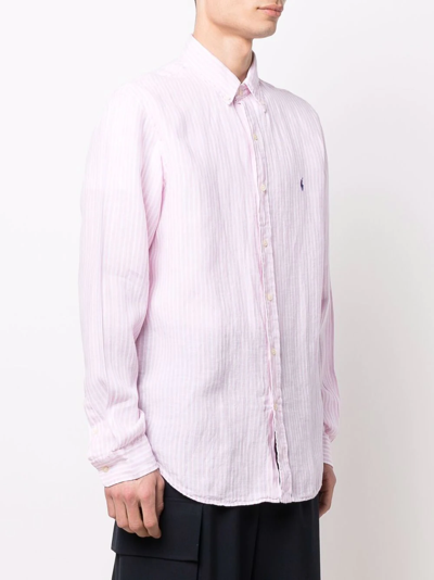 Polo Ralph Lauren Camicia In Lino A Righe Custom-fit In Pink