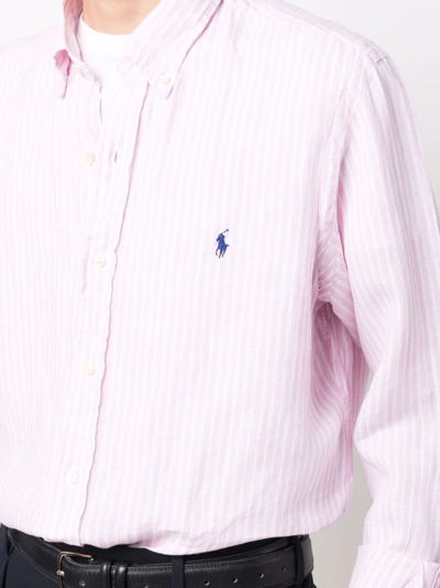 Polo Ralph Lauren Camicia In Lino A Righe Custom-fit In Pink