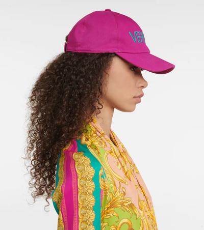Shop Versace Logo Embroidered Cotton Cap In Cerise+cyan