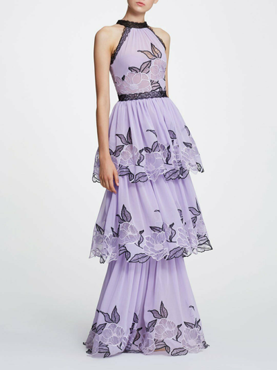 MARCHESA Pre-owned Sleeveless Floral Chiffon Tulle Gown Dress Lilac Black Tier Lace 0