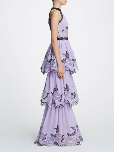 MARCHESA Pre-owned Sleeveless Floral Chiffon Tulle Gown Dress Lilac Black Tier Lace 0
