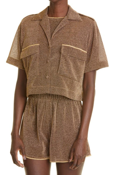 Shop Oseree Lumière Crop Cover-up Bowling Shirt In Sand