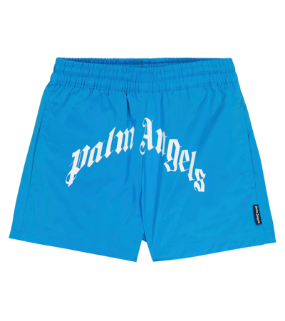 Shop Palm Angels Logo Shorts In Light Blue White
