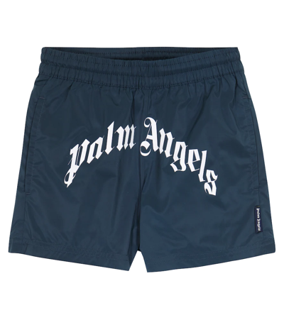 Shop Palm Angels Logo Shorts In Navy Blue White